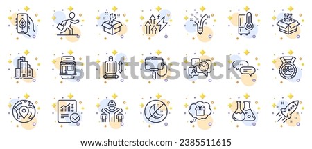 Outline set of Ecology app, Engineering team and Pin line icons for web app. Include Skyscraper buildings, Refrigerator, Dog competition pictogram icons. Baggage size, Dots message. Vector