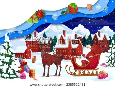Christmas paper cut card, winter snowy town and cartoon Santa on sleigh. Cartoon vector 3d papercut art with funny Father Noel sitting in deer sled on night street with presents on snow at xmas eve