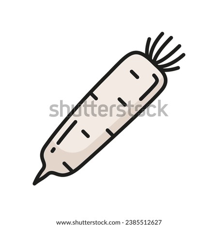 Raw vegetable white radish isolated daikon vegetable root color line icon. Vector horseradish rhizome plant, fresh veggie with stem Royalty-Free Stock Photo #2385512627