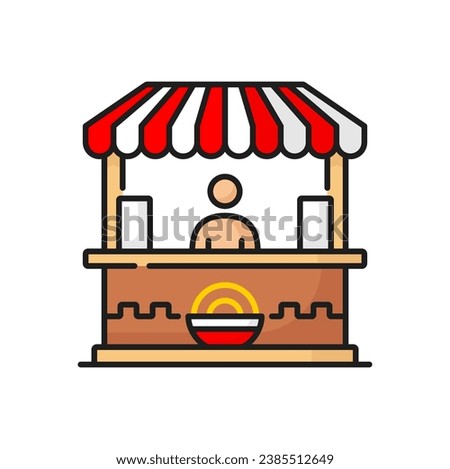 Fastfood shop with noodles, fry chinese pasta and ramen udon isolated line icon. Vector takeaway street food of dough, vendor and van cart