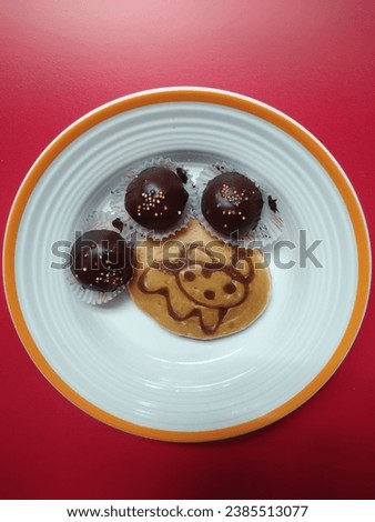 Bakery, pancake, chocolate ball, illustration background, red background, food, dessert, cartoon, pancake cartoon container 