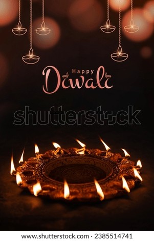 2023 Diwali poster design image, Happy Diwali background traditional Diya lit isolated on dark background Royalty-Free Stock Photo #2385514741