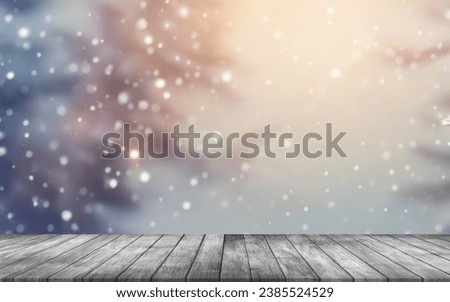 Wooden board empty table. christmas background with christmas tree and decorations