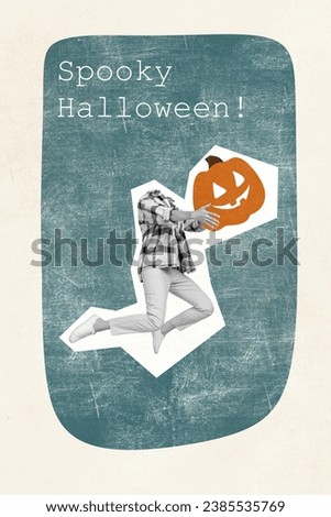 Collage sketch of funky young personage hold pumpkin head celebrate spooky halloween isolated on painted background