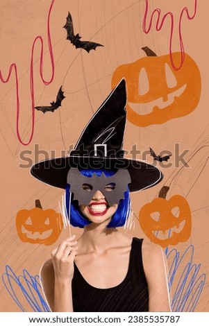 Collage picture of smiling happy witch hold stick wear mask celebrating helloween masquerade