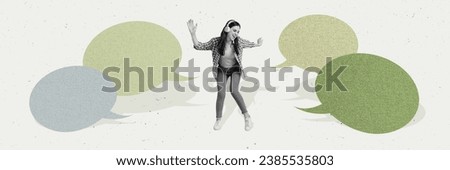 Composite collage image of black white effect excited girl have good mood listen music headphones dance sing dialogue bubble