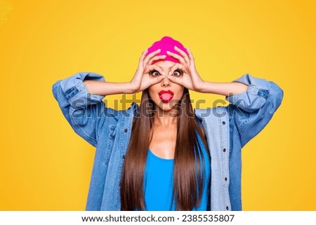 I want to be childish today April fool's day Emotion facial expressing concept. Close up photo portrait of playful beautiful pretty lady making eyeglasses with fingers isolated bright background