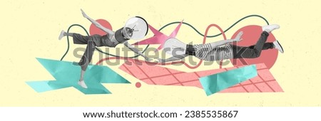 Panorama composite creative photo collage of funny funky people with lamp heads swimming in flow of thoughts isolated colorful background Royalty-Free Stock Photo #2385535867