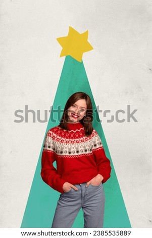 Creative magazine collage image of smiling cute lady decorating xmas tree isolated beige color background