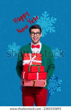 Photo sketch collage picture of funny funky guy holding xmas gifts pile stack isolated blue color background