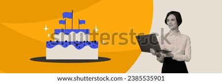Collage horizontal panorama template of young business lady use her laptop achievement sweet cake finish goal isolated on yellow background