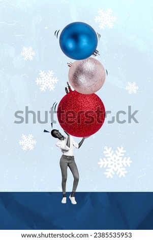 Photo sketch collage picture of funny funky lady guy holding big xmas baubles isolated blie color background