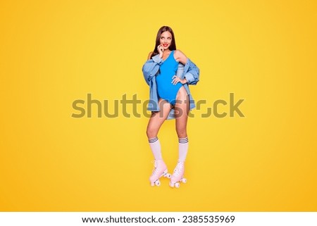 Full length size photo studio shooting portrait of sweet nice pretty cheerful glad minded lady holding hand on waist looking up on copy space isolated colorful bright vivid pastel background