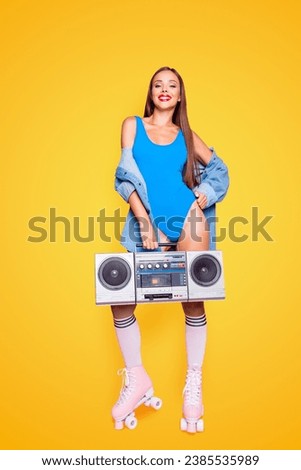 Weekend people person lifestyle generation casual jeans shirt concept. Vertical full length size studio photo portrait of excited with red lips girl holding tape radio hand isolated pastel background