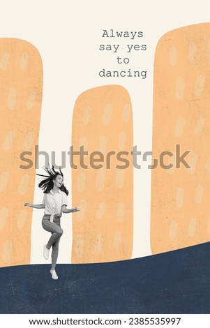 Collage artwork exclusive magazine of funky positive girl having fun always say yes to dancing isolated on painted background