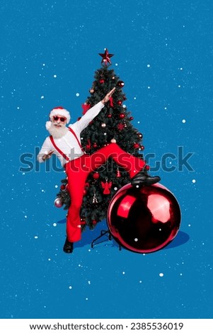 3d retro abstract creative artwork template collage of cool funky claus decorating xmas tree isolated blue color background