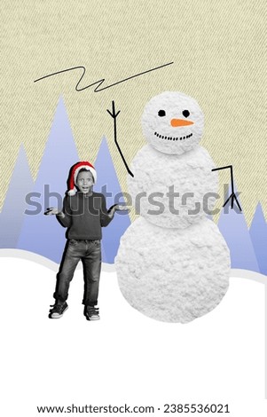 Photo collage artwork picture of smiling small boy building xmas snowman isolated creative background