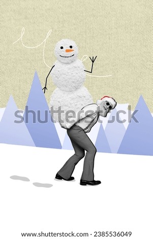 Creative artwork graphics collage of smiling funky x-mas santa claus carrying big snow man isolated drawing background