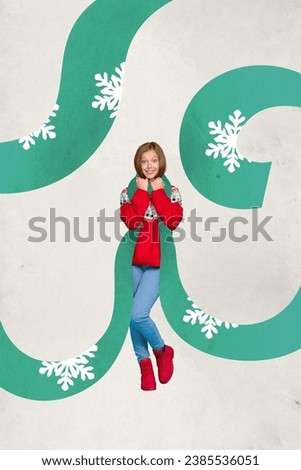 Photo sketch collage picture of charming cute teenager girl enjoying warm x-mas print scarf isolated beige color background