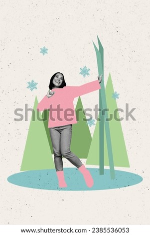Artwork magazine collage picture of smiling carefree lady enjoying x-mas outside activities isolated drawing background