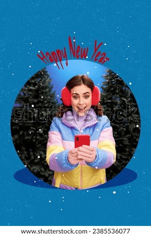 Creative 3d photo artwork graphics collage painting of excited funny lady typing x-mas greetings isolated blue color background