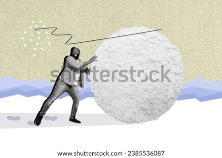 Photo comics collage picture of cute excited guy building big huge xmas snow ball isolated creative background