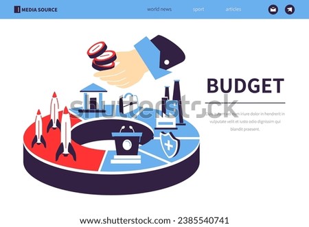 Budget allocation - colorful flat design style banner with linear elements. Composition with pie chart with financial, military, political, medical and manufacturing industry. Finance idea Royalty-Free Stock Photo #2385540741