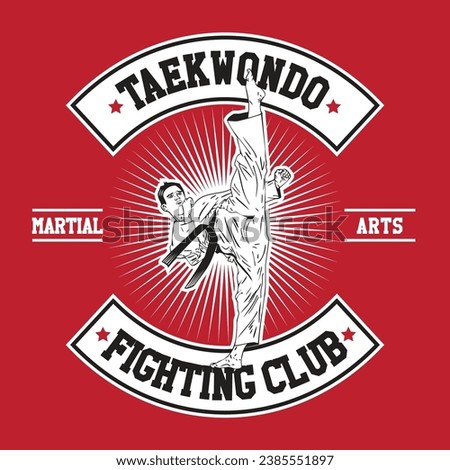 Taekwondo Man Kicking Hand Drawing Vector Illustration in Patch Design Style Fighting Club Royalty-Free Stock Photo #2385551897