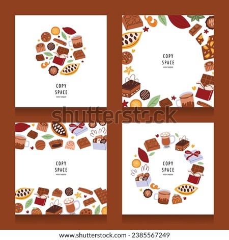 Cocoa and chocolates cards set, compositions with candy, cacao beans and chocolate desserts, collection of square templates with copy space, vector greeting cards for birthday, Christmas, Valentines