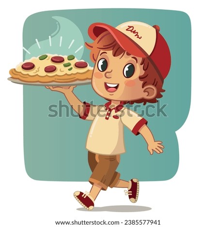 Vector illustration of a teenage boy carrying a pizza. Pizza delivery boy.