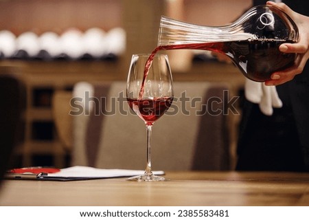 Professional female sommelier pours red wine from decanter to the glass, close up image. Woman waiter pouring alcoholic drink being in cellar of wine shop. Royalty-Free Stock Photo #2385583481