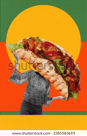 Woman with delicious, giant taco filled with meat and vegetables against colorful background. Street food. Contemporary art collage. Concept of Mexican food, fast food, taste, pop art style