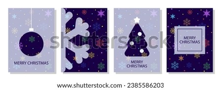Merry Christmas greeting cards. Happy New Year banner or greeting card Set. Trendy modern Xmas design with typography and overlay elements, snowflakes, Christmas tree. Poster, social media template