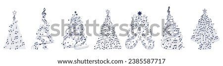 Set of many Christmas trees made of music notes on white backgro
