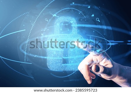 Close up of businessman hand pointing at glowing padlock and globe hologram on blurry background. Secure and safety concept