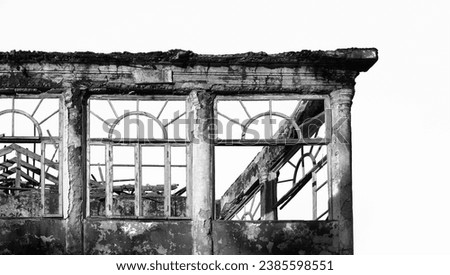 mock-up image. Close up view on a facade of white ancient building. mockup. isolated on white background. one arched windows. mock up. arch window.