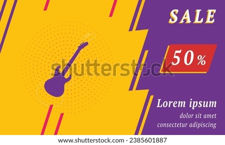 Sale promotion banner with place for your text. On the left is the guitar symbol. Promotional text with discount percentage on the right side. Vector illustration on yellow background