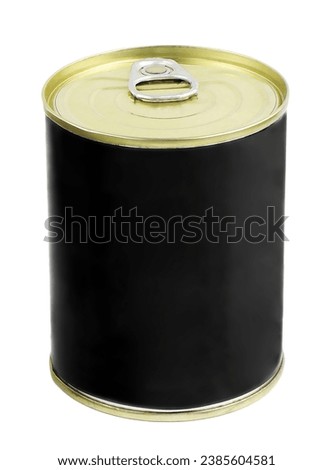 Tin can food container isolated on background, black tin can, carbonated drink can, long term food storage, canning, herbs and spices, stew in a can