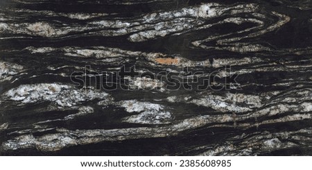 Black marble pattern with curly white and orange veins. Abstract texture and background. High Resolution