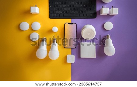 Smart home devices controled by smarphone. Home automation. Blank screen mockup Royalty-Free Stock Photo #2385614737