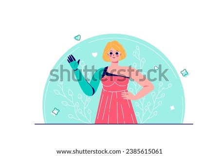 Disabled people concept with people scene in the flat cartoon design. A cute girl with a prosthesis instead of an arm lives an ordinary life and does not deny herself anything. Vector illustration.