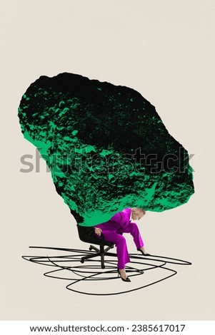 Businesswoman sitting on chair under giant heady stone. Pressure of projects, tasks, deadlines. Contemporary art collage. Concept of business, office, challenges and professional troubles, surrealism. Royalty-Free Stock Photo #2385617017