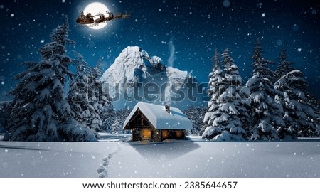 Santa Claus get a move to ride on their reindeer. Magic Santa's sleigh flying over Christmas fairy forest on the background of huge moon. Royalty-Free Stock Photo #2385644657