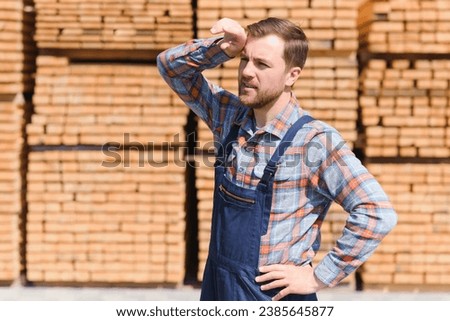 Timber harvesting for construction. Carpenter stacks boards. Industrial background. Authentic workflow