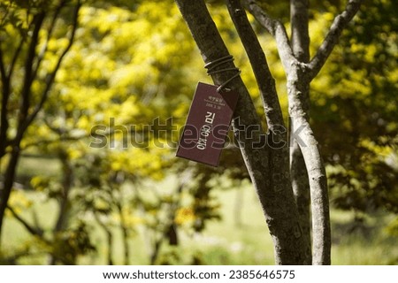 View of a name tag card hanging on a tree in Baekpungmilwon Garden, Nami Island, South Korea. Translation Korean text: BaekpungmilwonBaifeng Secret Garden, 2008-3-30, YoongJong Kim (name person).