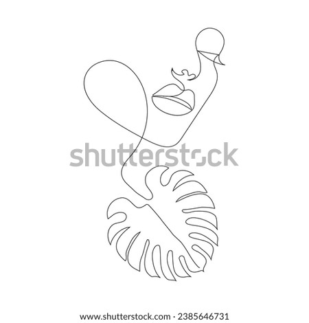 The face of a beautiful woman with tropical monstera leaves. In the style of line art, one continuous line. Hand drawing. For decoration, photo, print, interior
