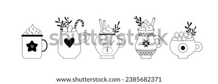 Linear mugs and cups with winter hot drinks. Doodles. Coffee, chocolate, whipped cream, cocoa, marshmallow. Christmas and New Year. Line art. Coloring book.