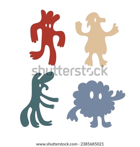A set of dancing colorful monsters. Made in vector in red, blue, beige and turquoise colors. Clipart.