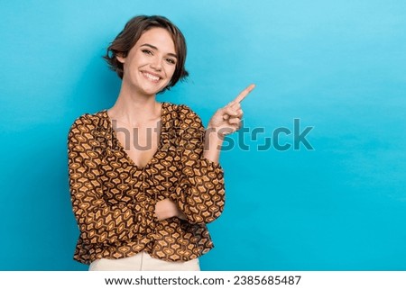 Photo portrait of charming lady wear old school retro blouse point finger empty space cheap stock market isolated on blue color background