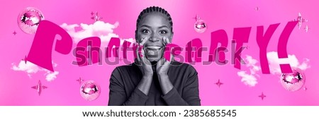 Collage picture of excited black white colors girl hands near mouth communicate party announcement disco ball clouds isolated on pink background